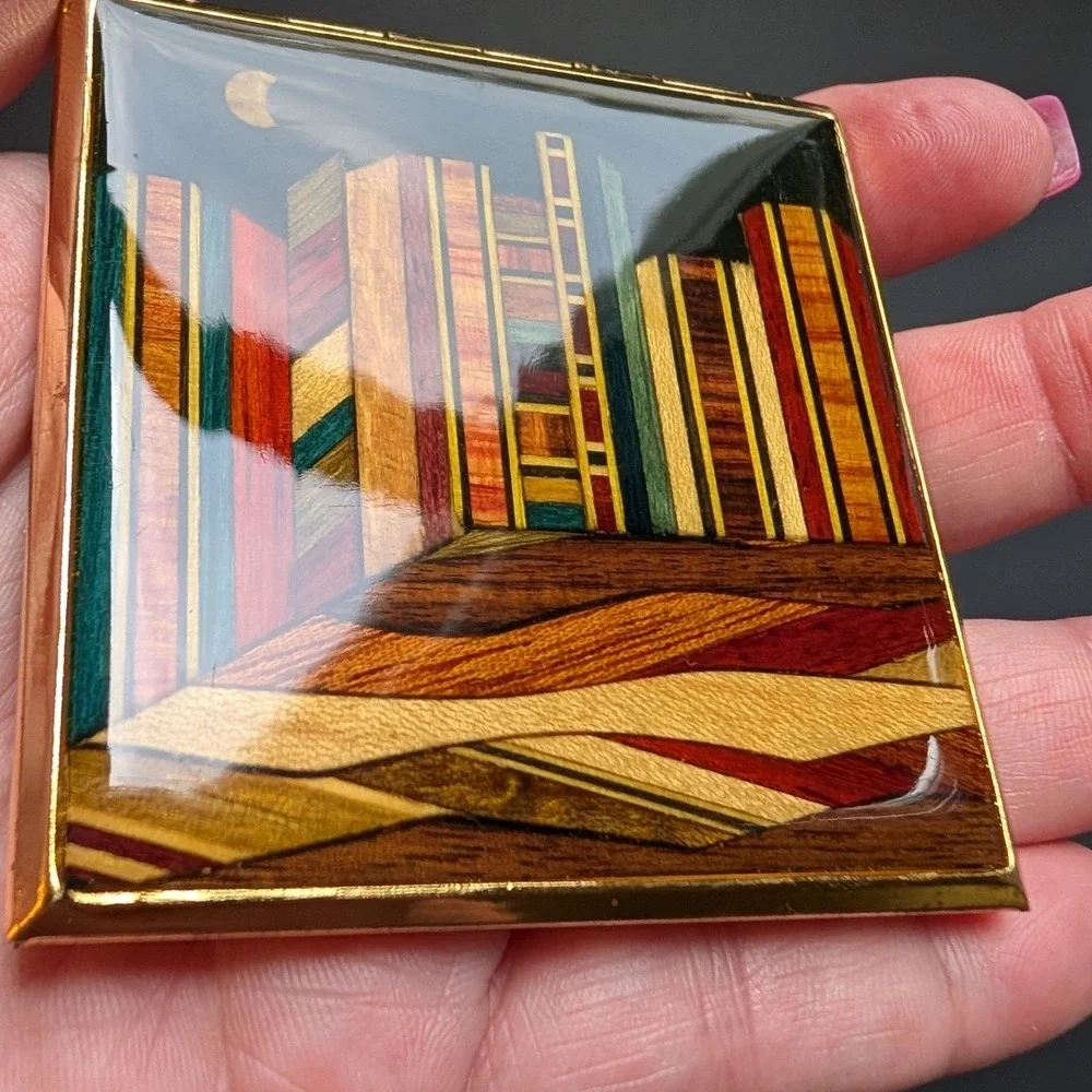 Vintage Gold Tone Cityscape w Moon Marquetry Resin Square Makeup Compact Mirror